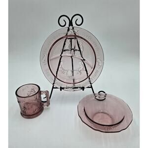 Vintage 3pc Tiara Indiana Glass Pink Nursery Rhyme Children’s Set